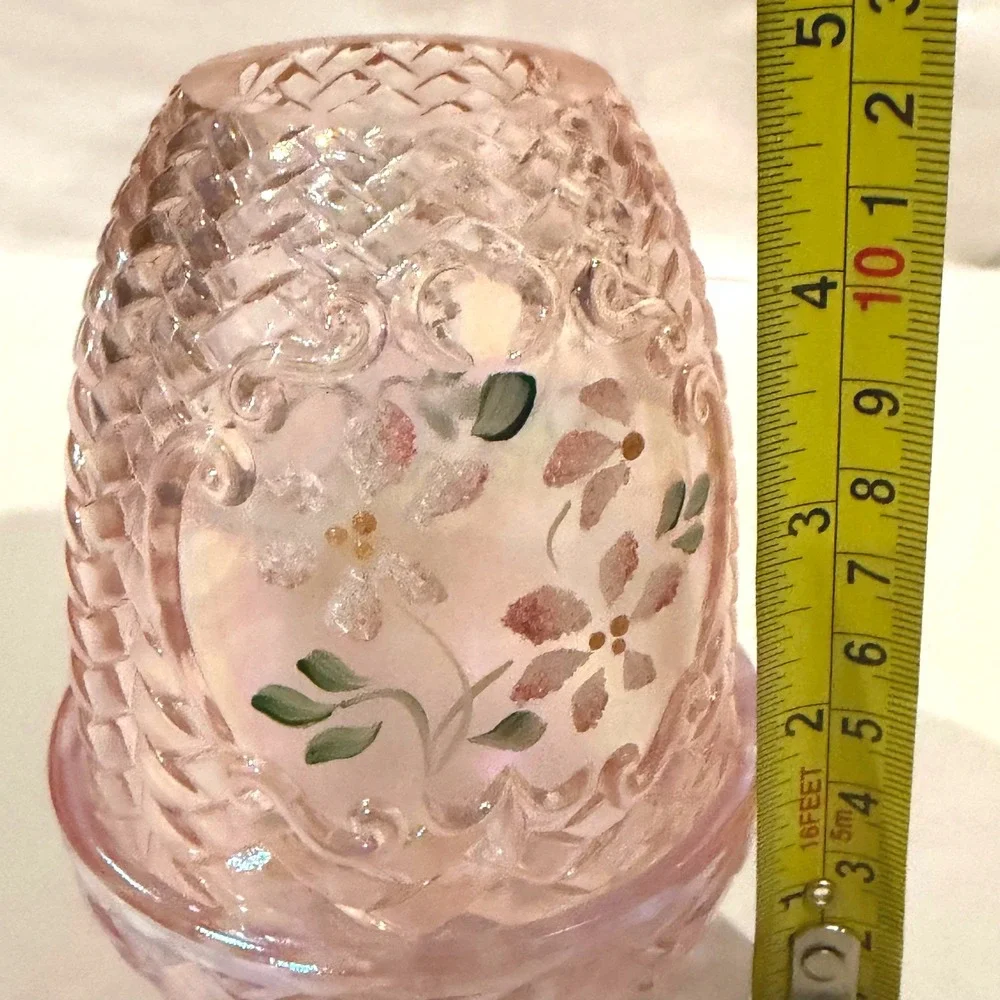 Fenton Champagne Basketweave Fairy Lamp Hand Painted Signed Sharon Fisher